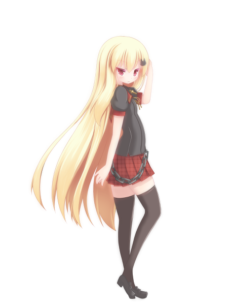 1girl, blonde_hair, long_hair, nightmare_cat, red_eyes, solo, thigh-highs