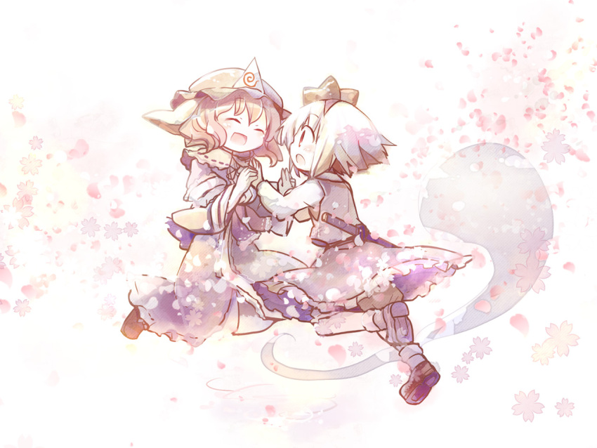 2girls, :d, bloomers, blush, bow, cherry_blossoms, closed_eyes, dollar