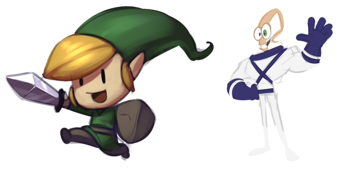 blonde_hair, earthworm_jim, green_eyes, hat, koi_drake, link, pointy_ears, power_suit