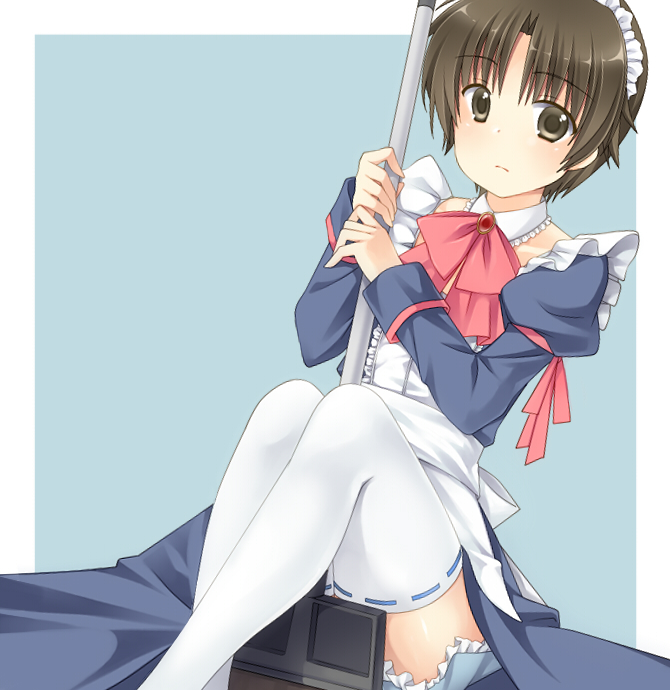 1boy, broom, brown_eyes, brown_hair, crossdressinging, little_busters!!, maid, male