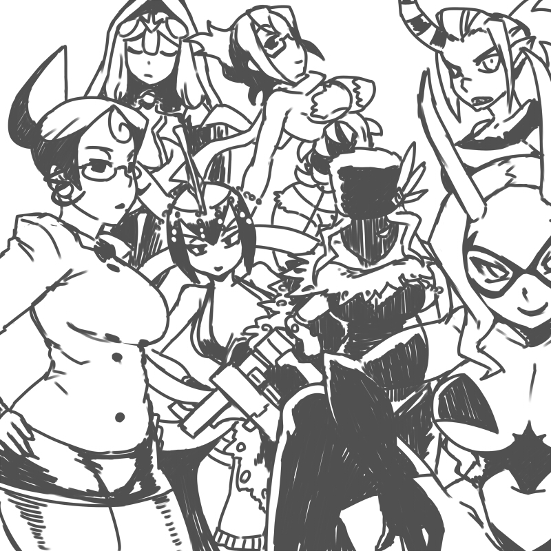 6+girls, aeon_(skullgirls), black_dahlia, breasts, cleavage, d._violet, eliza_(skullgirls), large_breasts