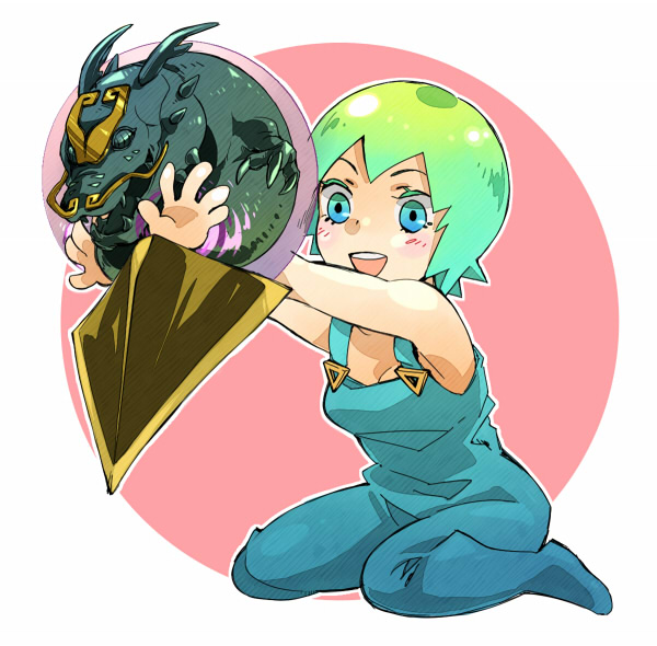 1girl, double_bun, dragon's_dream, foo_fighters, green_eyes, green_hair, jojo_no_kimyou_na_bouken, overalls, short_hair, smkd