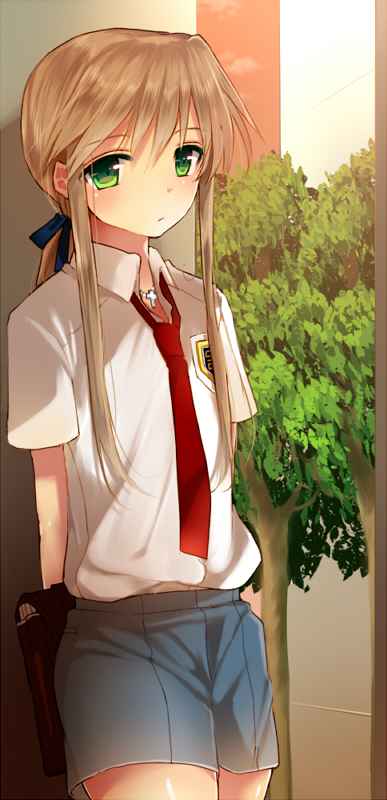 1boy, androgynous, brown_hair, child, chousoku_spinner, green_eyes, hair_ribbon, houjouin_seito
