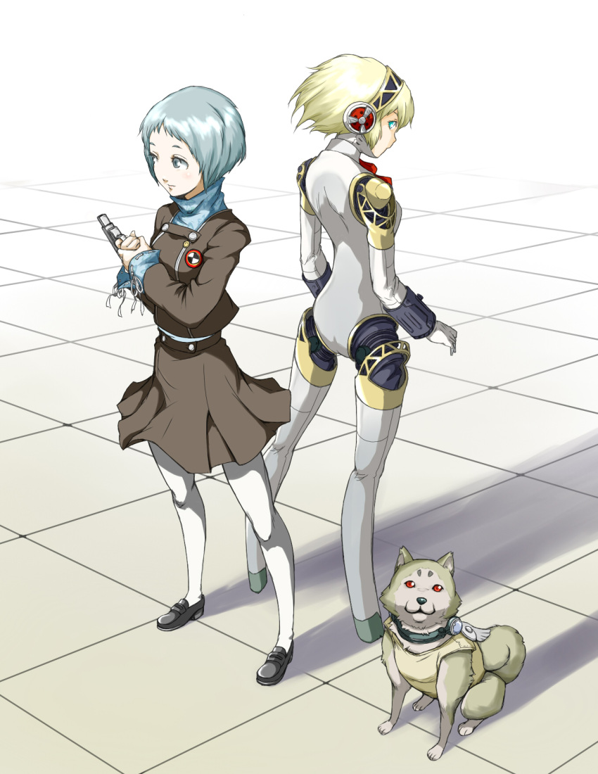 2girls, android, aqua_eyes, back, back-to-back, blonde_hair, blue_hair, dog