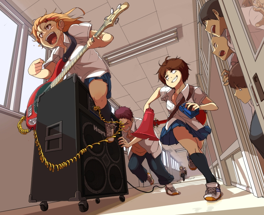 bass_guitar, blonde_hair, brown_eyes, brown_hair, grin, hallway, instrument, kneehighs
