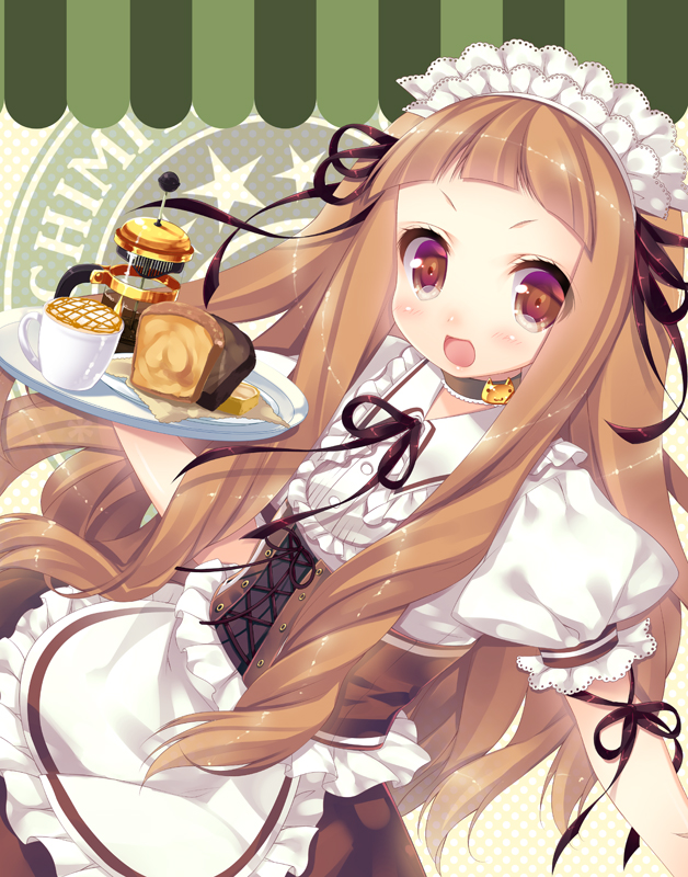 1girl, apron, bread, brown_eyes, brown_hair, choker, espresso, food, ichihara_nina, idolmaster, idolmaster_cinderella_girls, long_hair, looking_at_viewer, maid, maid_headdress, mitsumomo_mamu, open_mouth, plate, ribbon, solo
