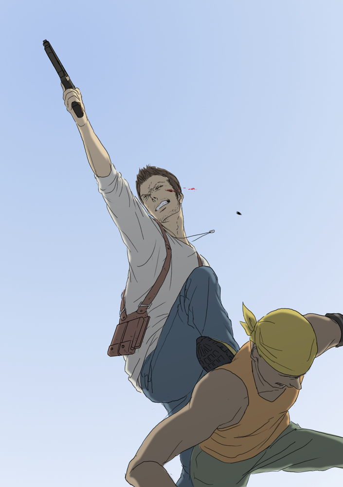 brown_hair, gb_(pixiv), genmaipudding, gun, jewelry, nathan_drake, naughty_dog, necklace