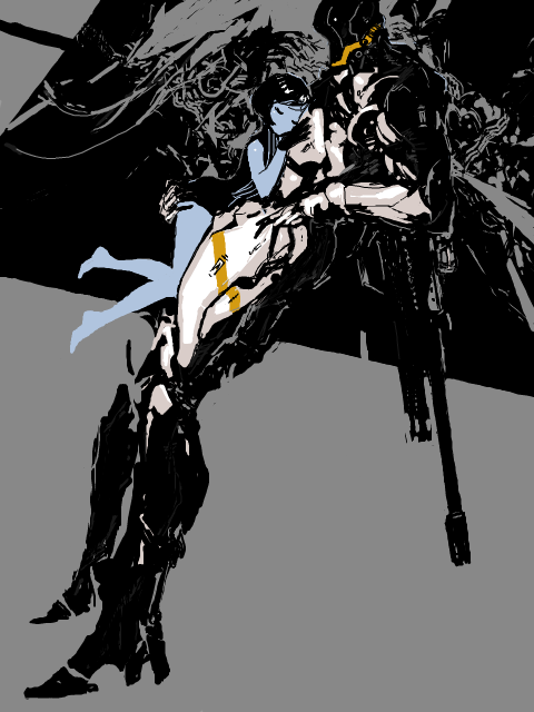 1boy, 1girl, ass, barefoot, bob_cut, closed_eyes, cyborg, gloves