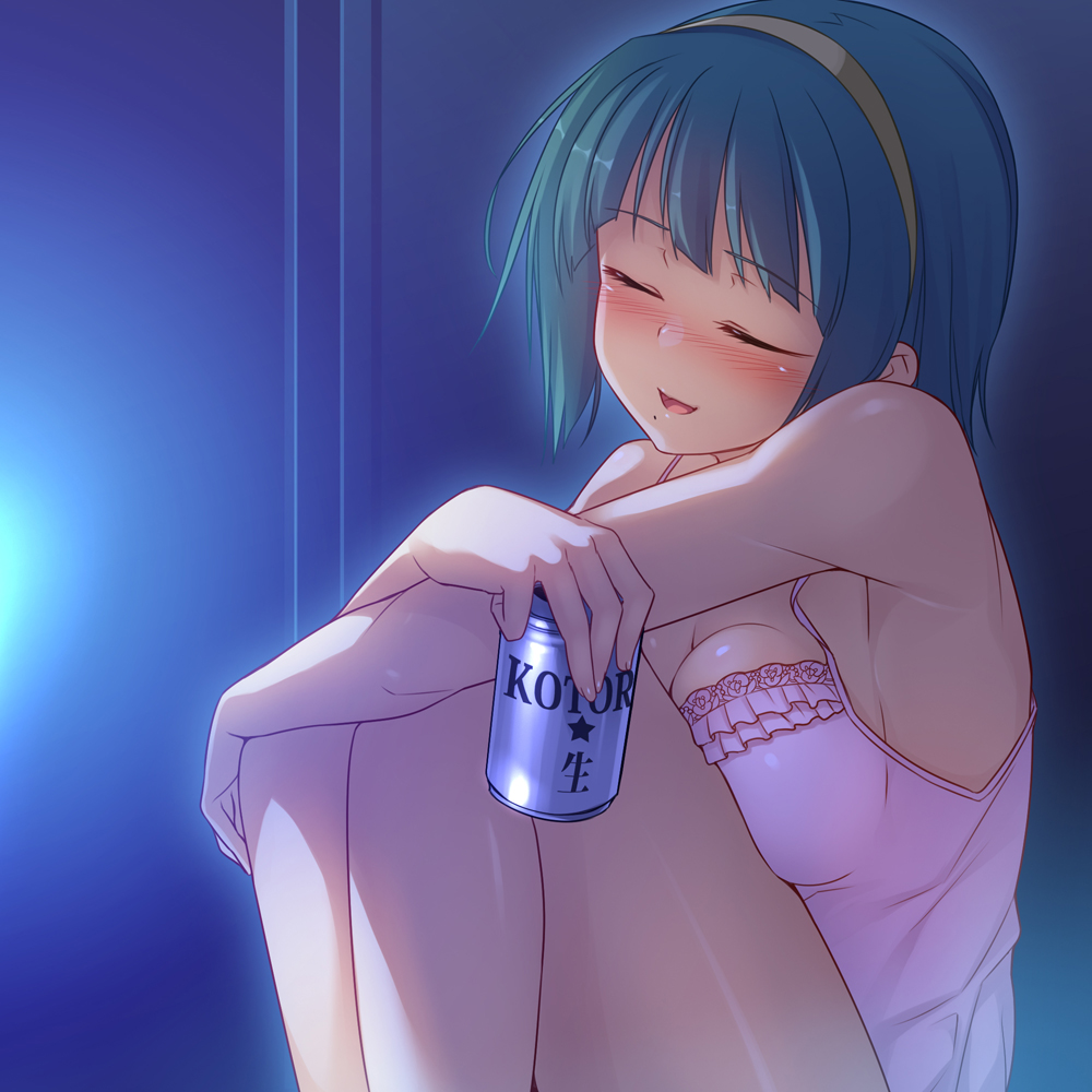 1girl, blush, breast_press, breasts, can, closed_eyes, drunk, green_hair