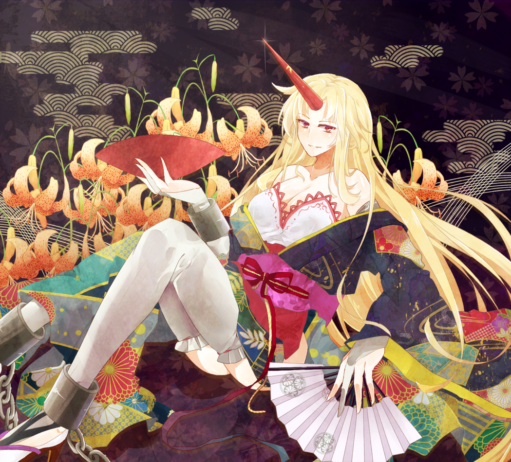 1girl, alternate_costume, bare_shoulders, blonde_hair, breasts, cleavage, fan, floral_print