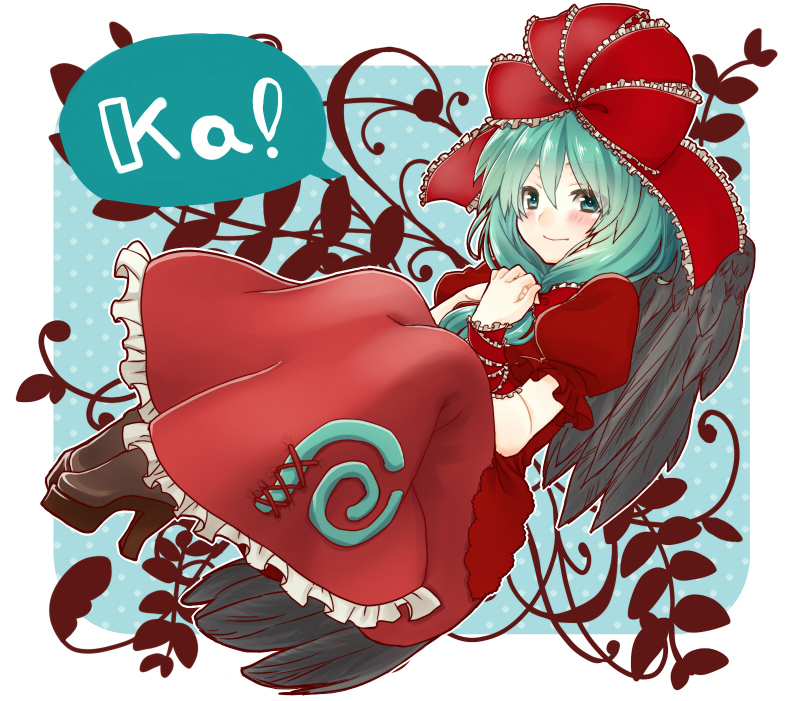 1girl, black_wings, blush, dress, front_ponytail, green_eyes, green_hair, hair_ribbon