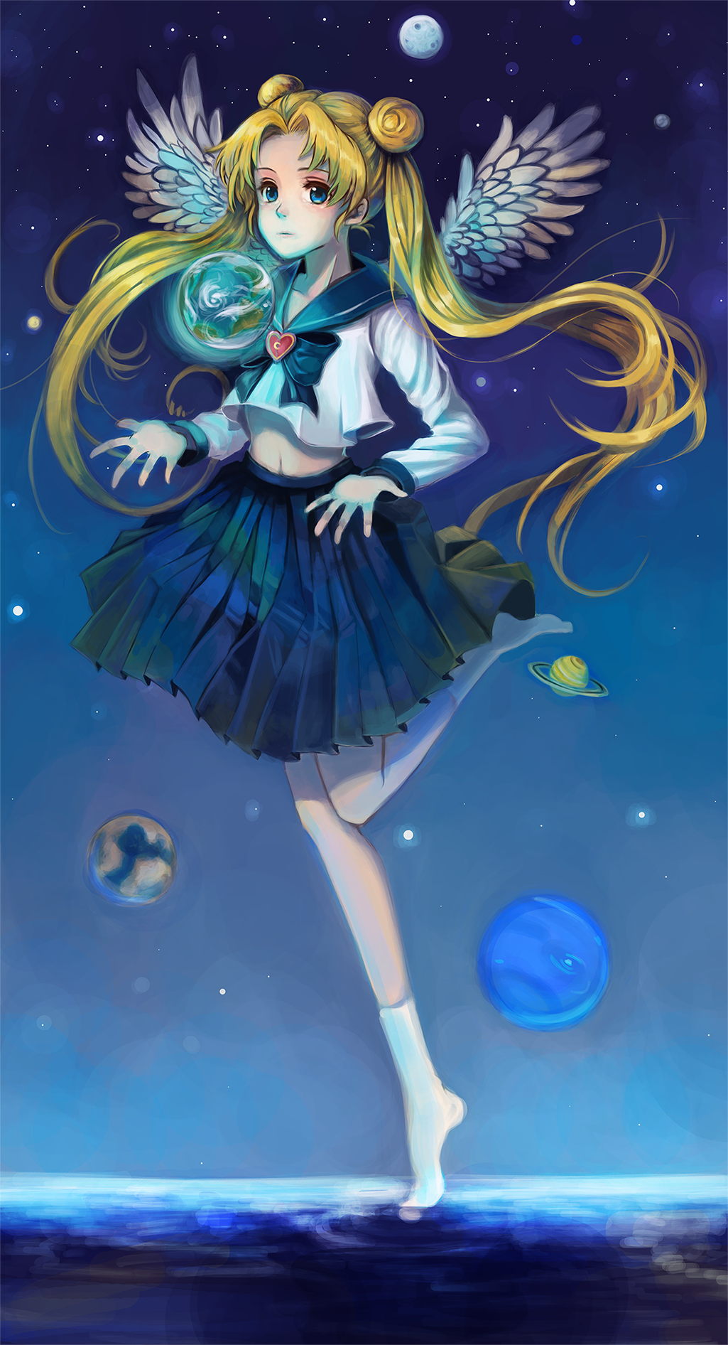 1girl, bishoujo_senshi_sailor_moon, blonde_hair, blue_eyes, bow, brooch, chico907, double_bun, highres, jewelry, long_hair, planet, ribbon, school_uniform, serafuku, skirt, socks, solo, space, standing_on_one_leg, tsukino_usagi, twintails, wings