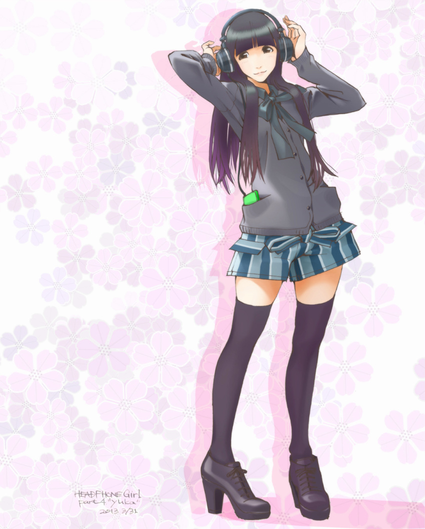 1girl, black_legwear, digital_media_player, hands_on_headphones, hands_up, headphones, high_heels, highres