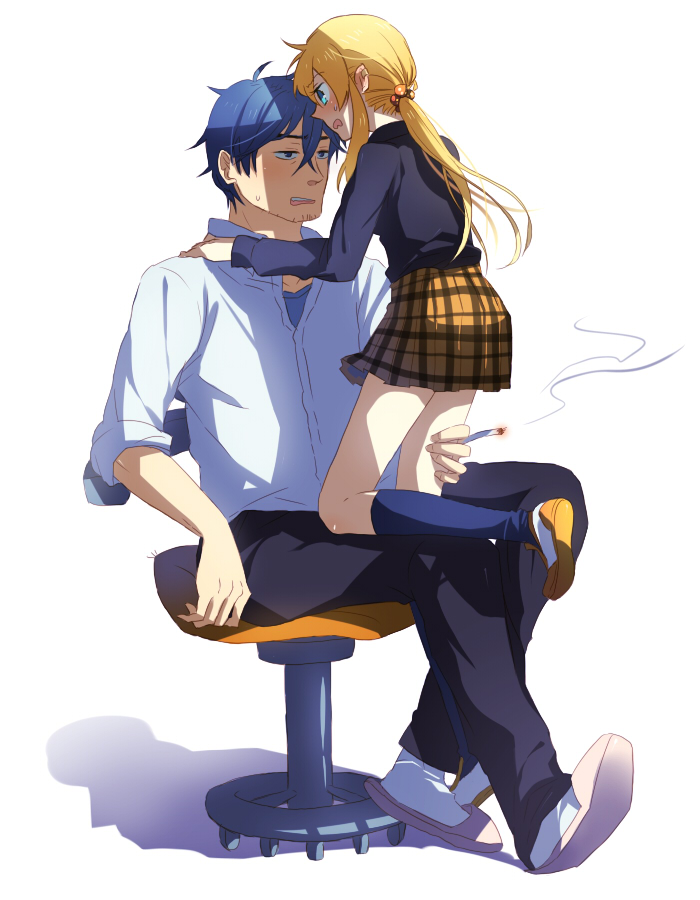 1boy, 1girl, amagasa_kyouichirou, blonde_hair, blue_eyes, blue_hair, blush, chair