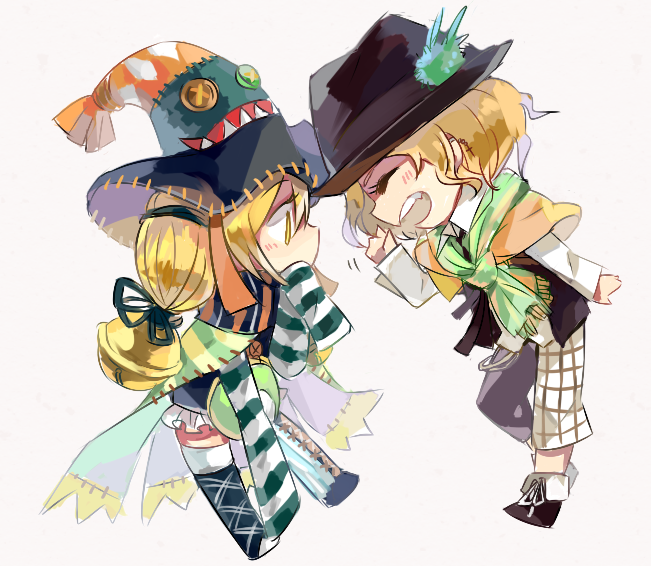 2boys, ^_^, asymmetrical_clothes, bell, blonde_hair, cape, closed_eyes, gremlin_(kamen_rider_wizard)