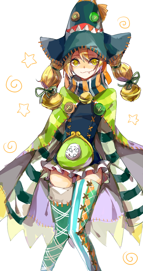 1girl, :3, asymmetrical_clothes, bell, blonde_hair, braid, cape, character_request