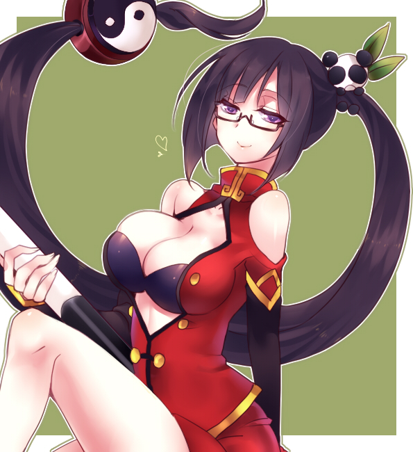 1girl, aki_(prdx85), black_hair, blazblue, breasts, chinese_clothes, cleavage, glasses