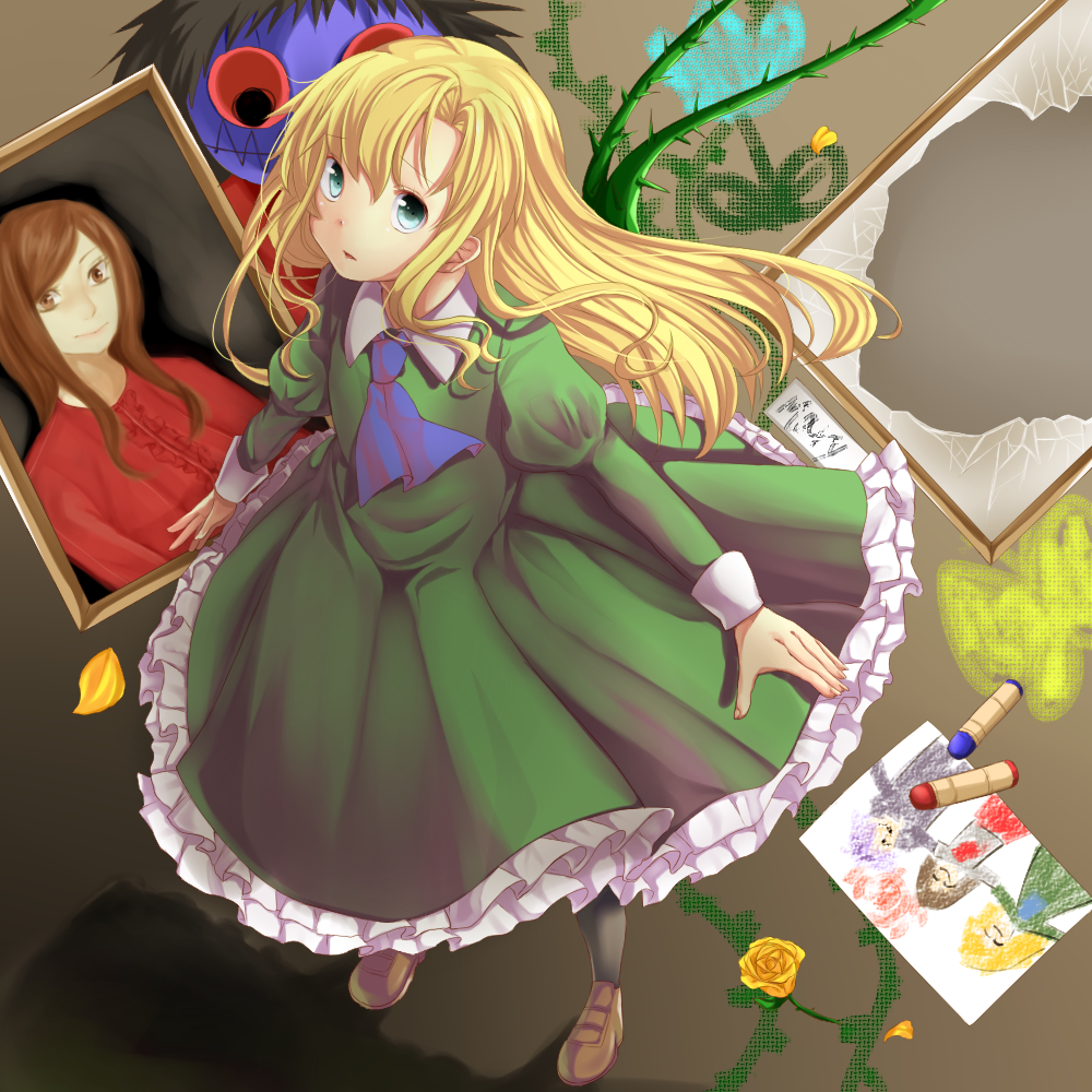 1girl, amaoto_sanba, blonde_hair, crayon, dress, frilled_dress, frills, garry_(ib), green_dress, green_eyes, ib, ib_(ib), lady_in_red_(ib), long_hair, looking_at_viewer, mary_(ib), petals, picture_frame