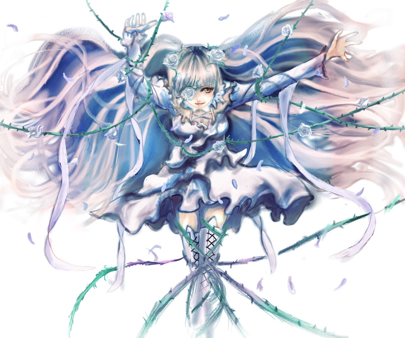 1girl, barasuishou, boots, cross-laced_footwear, dress, eyepatch, flower, hair_flower