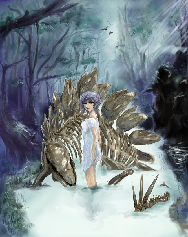 1girl, bare_legs, dress, forest, nature, pixiv_fantasia, purple_hair, river