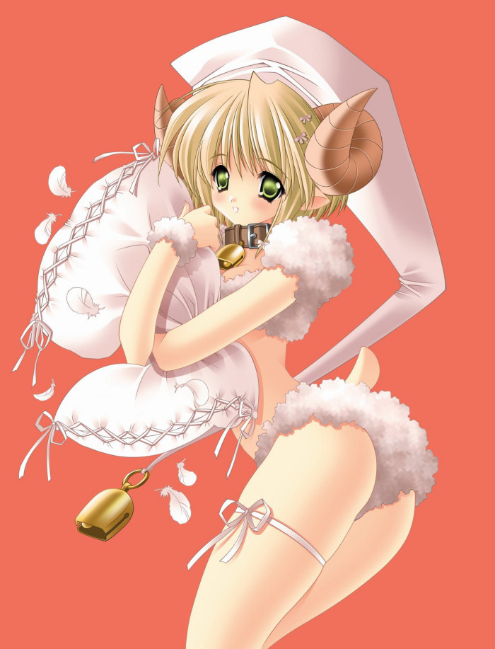 bell, blonde_hair, collar, garter, green_eyes, hat, hitsujimimi, horns