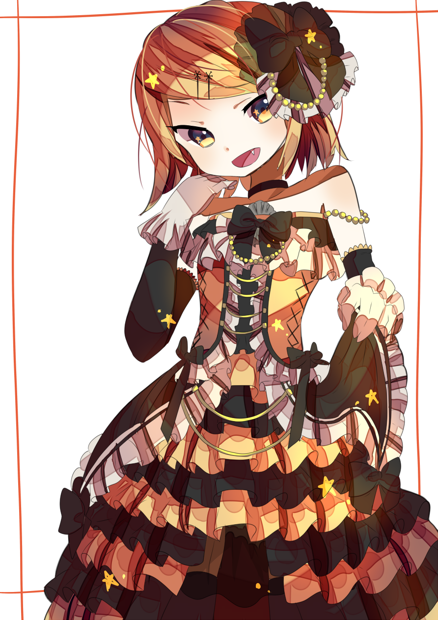 1girl, blonde_hair, bow, dress, elbow_gloves, fang, frilled_dress, frills