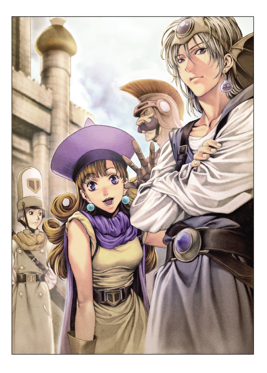 1girl, 3boys, :d, alena, belt, black_eyes, blue_eyes, brown_hair