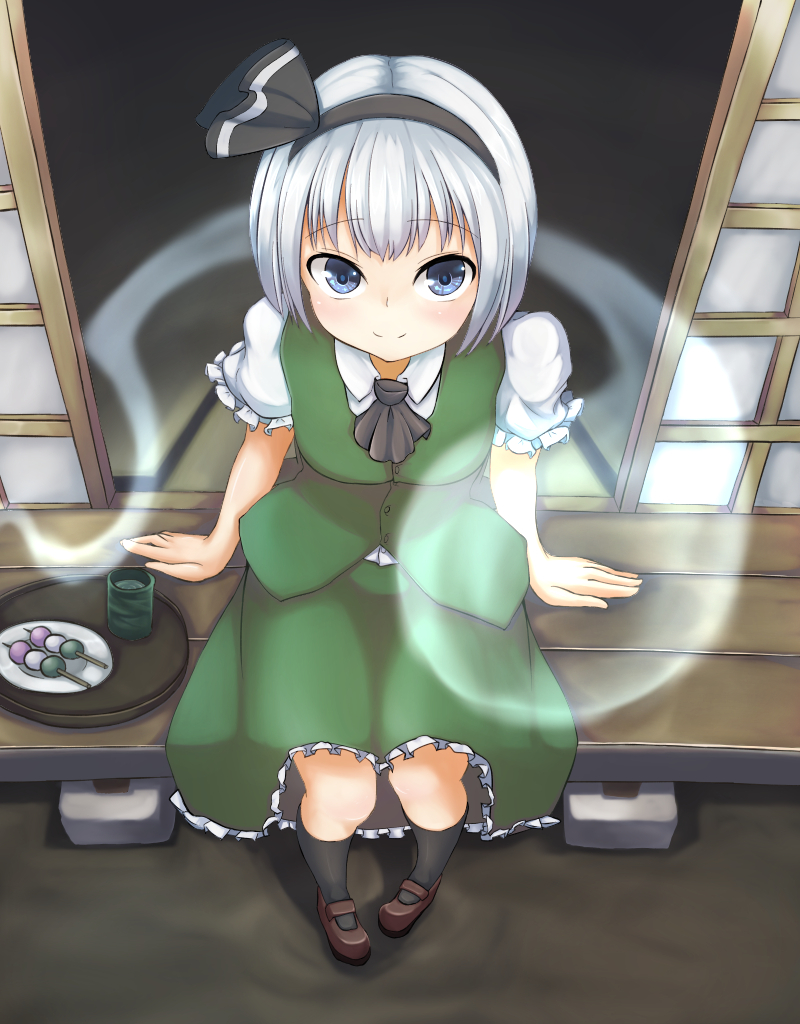1girl, ascot, black_legwear, blue_eyes, cup, dango, food, foreshortening