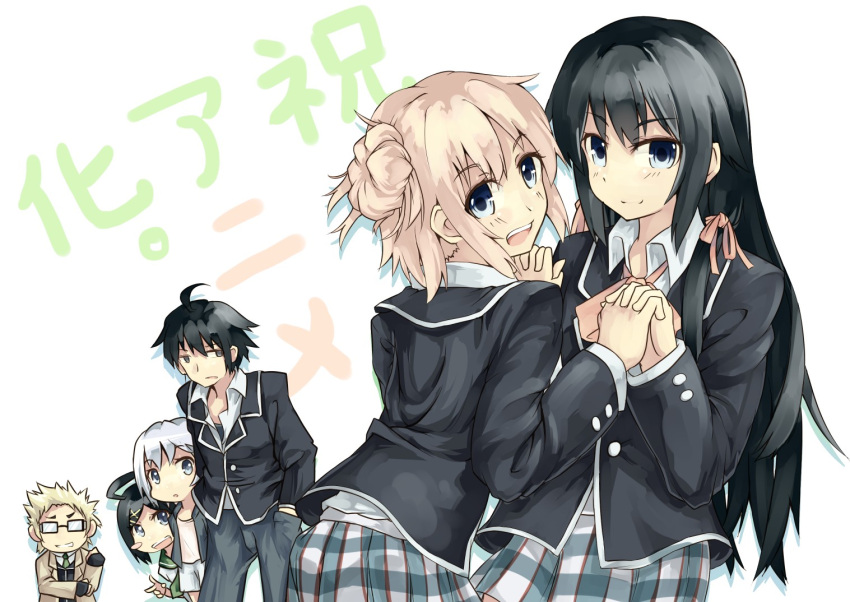 2boys, 4girls, ahoge, black_hair, blonde_hair, blue_eyes, blush, blush_stickers