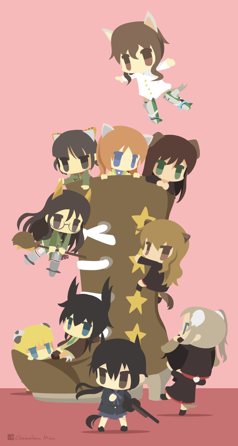 504th_joint_fighter_wing, 6+girls, angela_salas_larrazabal, animal_ears, artist_name, black_hair, blonde_hair, boots