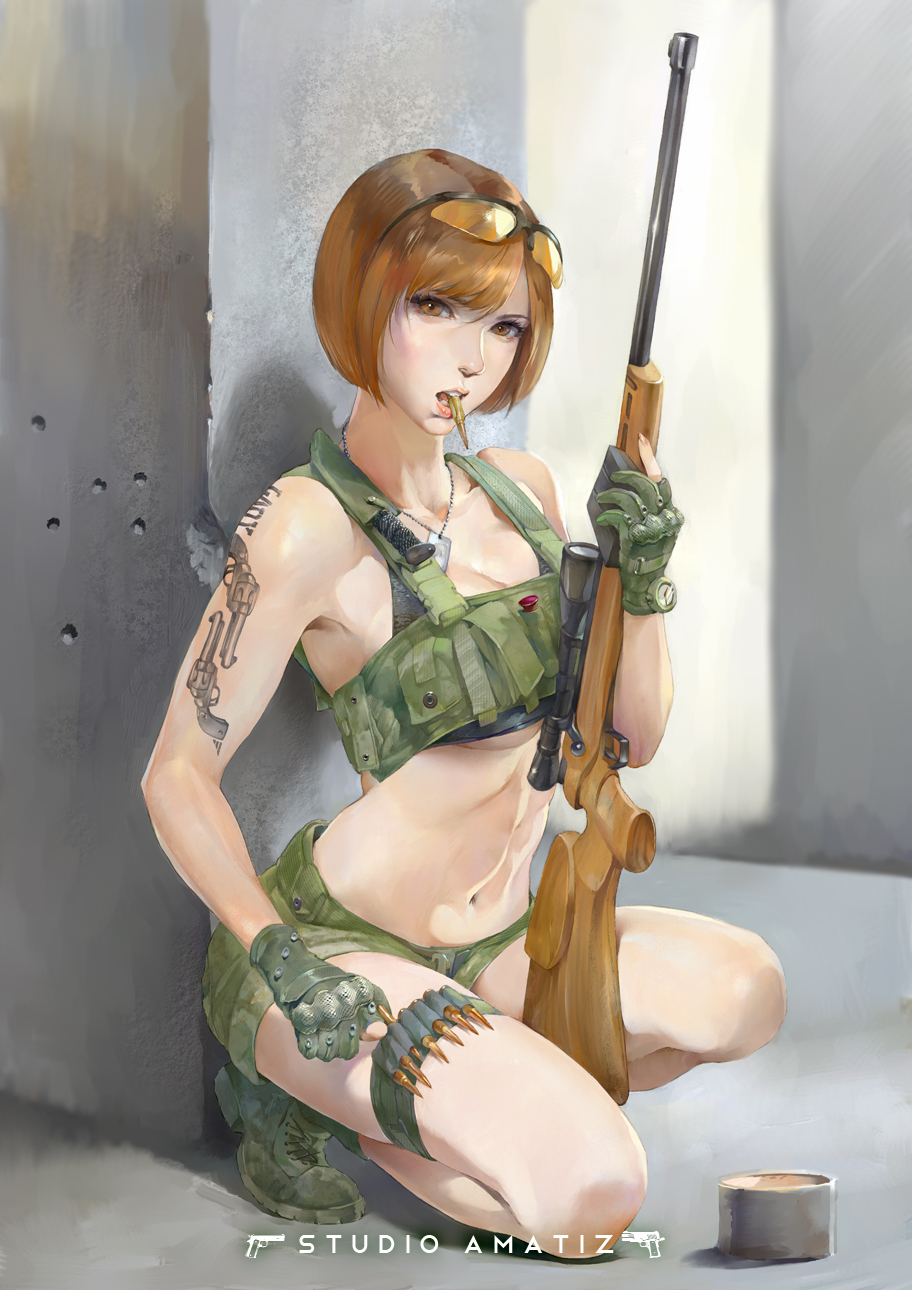 1girl, amatiz, bolt_action, boots, breasts, brown_eyes, brown_hair, bullet_in_mouth