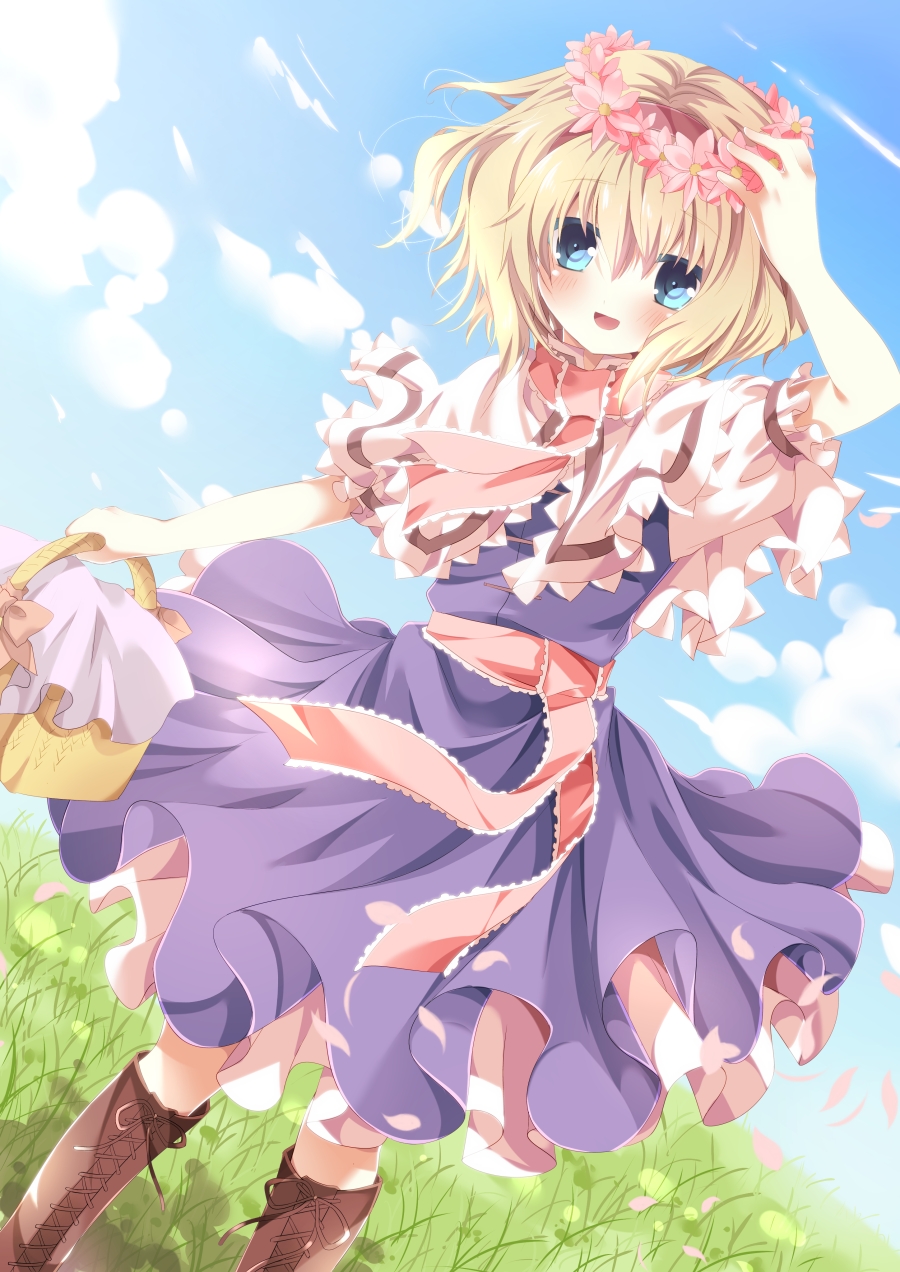1girl, alice_margatroid, blonde_hair, blue_eyes, boots, cape, cat, flower