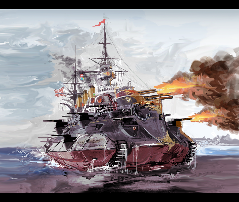 an-chang, anchor, battleship, beach, cannon, caterpillar_tracks, flag, letterboxed, military, navy, ocean, pixiv_fantasia, pixiv_fantasia_new_world, sail, sails, ship, smoke, smokestack, water, weapon