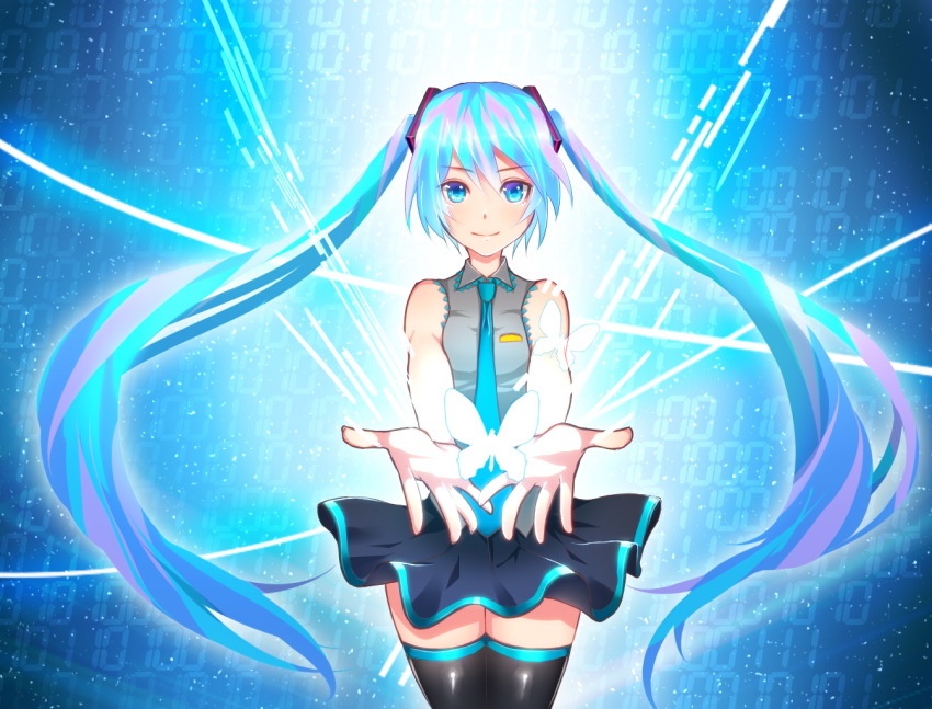 1girl, binary, black_legwear, blue_eyes, blue_hair, butterfly, hatsune_miku, necktie