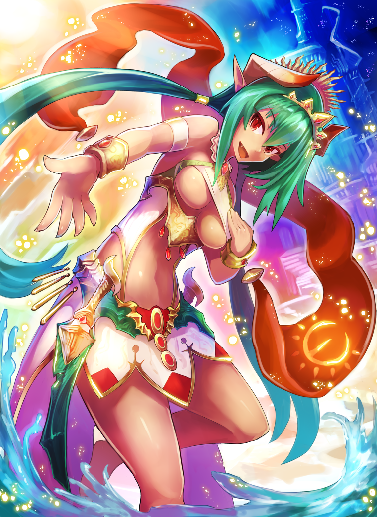 bracer, breasts, crop_top, fang, green_hair, horns, kamiya_tomohiro, long_hair