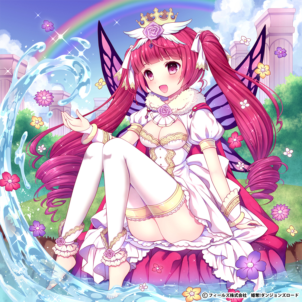 bangs, barefoot, blunt_bangs, breasts, butterfly_wings, cleavage, crown, dress