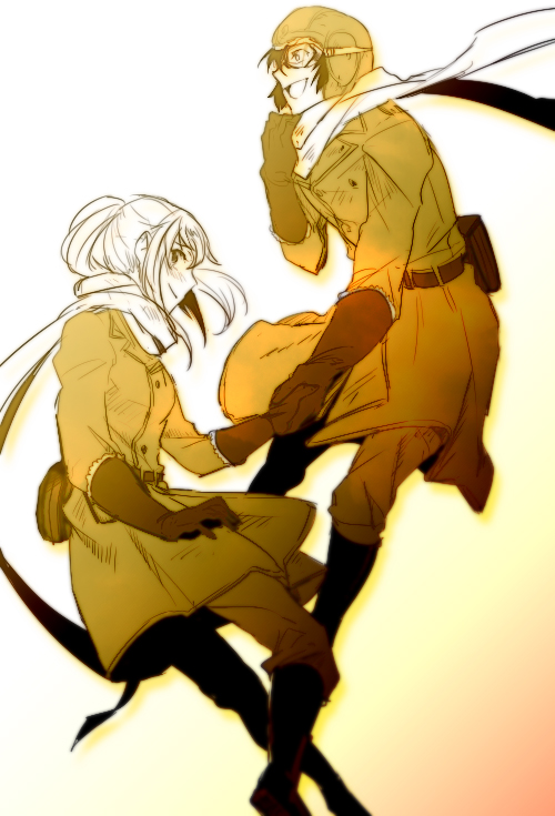 1boy, 1girl, gloves, goggles, headgear, holding_hands, hyoubu_kyousuke, long_coat, long_hair, matsuya29, monochrome, scarf, sepia, short_hair, smile, tsubomi_fujiko, zettai_karen_children