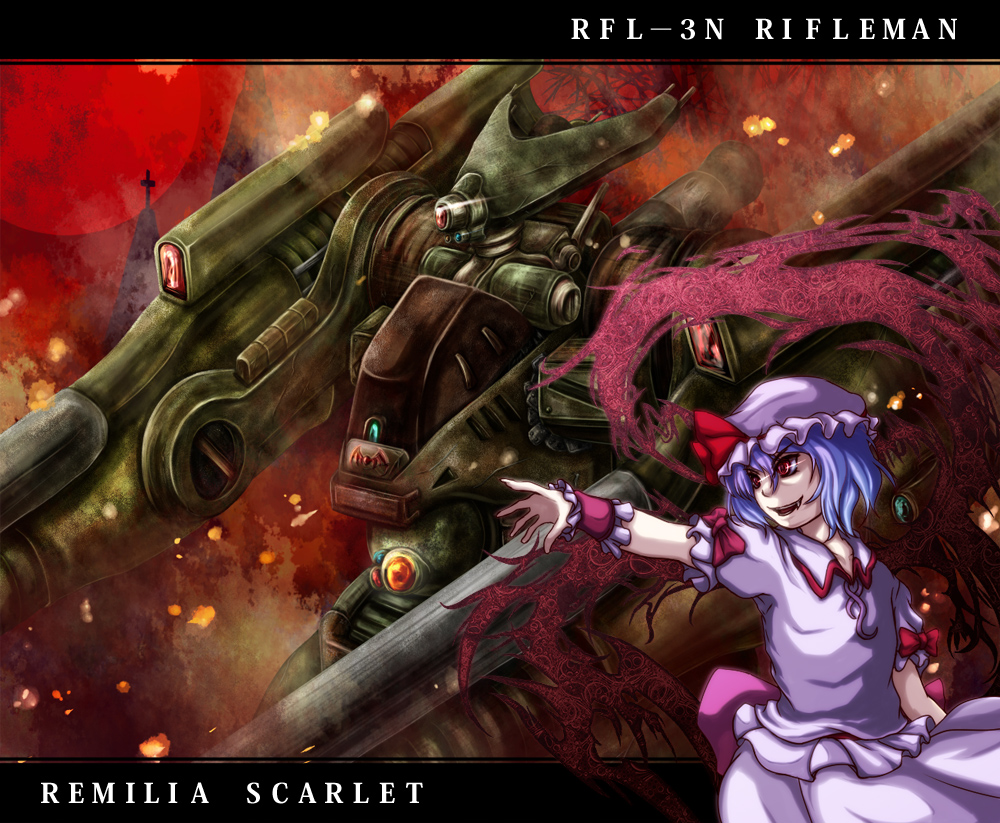 1girl, arm_cannon, aura, battletech, blue_hair, cannon, character_name, crossover