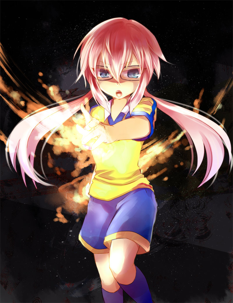 1boy, fusion, glasses, inazuma_eleven_(series), inazuma_eleven_go, inazuma_eleven_go_chrono_stone, jeanne_d'arc_(inazuma_eleven), kirino_ranmaru, long_hair, male, moegi_(honey_122), open_mouth, pink_hair, raimon, soccer_uniform, solo, twintails