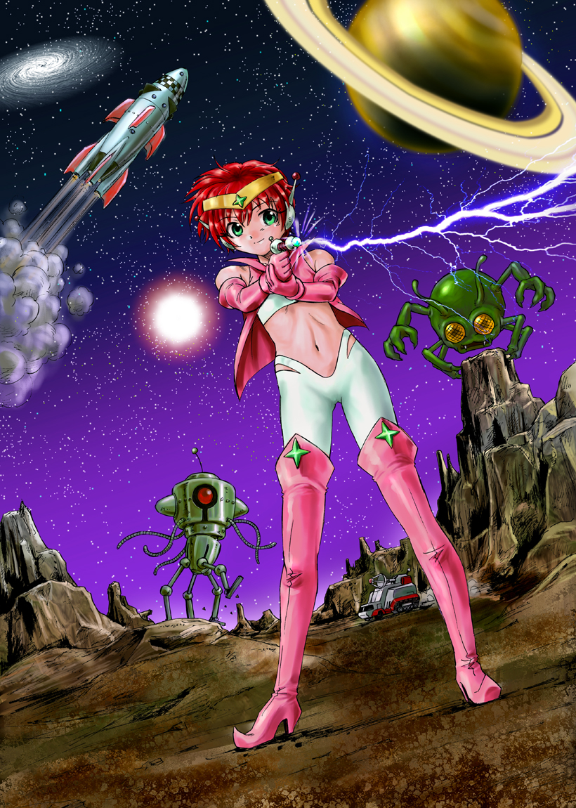 1girl, alien, antennae, artificial_tentacles, circlet, dutch_angle, energy_gun, green_eyes, green_hair, midriff, monster, mountain, navel, nebula, original, planet, planetary_ring, ray_gun, red_eyes, redhead, robot, short_hair, smoke, space, space_craft, star_(sky), unno_hotaru, vehicle, weapon, yellow_eyes