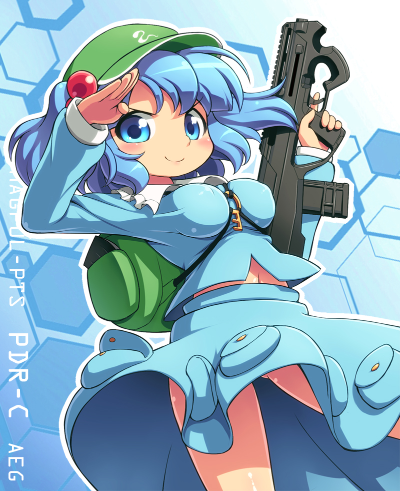 1girl, assault_rifle, backpack, bag, blue_eyes, blue_hair, breasts, gun