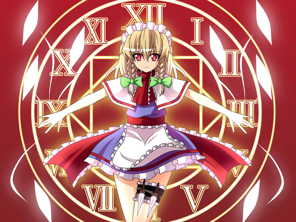 1girl, alice_margatroid, blonde_hair, bow, braid, clock, fal_(falketto), fusion