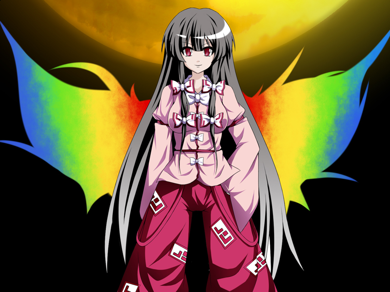 1girl, black_hair, bow, fal_(falketto), fujiwara_no_mokou, fusion, gradient_hair, hair_bow