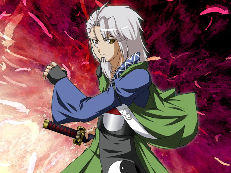 1boy, beard, facial_hair, fal_(falketto), feathers, fingerless_gloves, fusion, gloves, japanese_clothes, katana, konpaku_youki, long_sleeves, monocle, morichika_rinnosuke, silver_hair, solo, sword, touhou, weapon, yellow_eyes, yin_yang