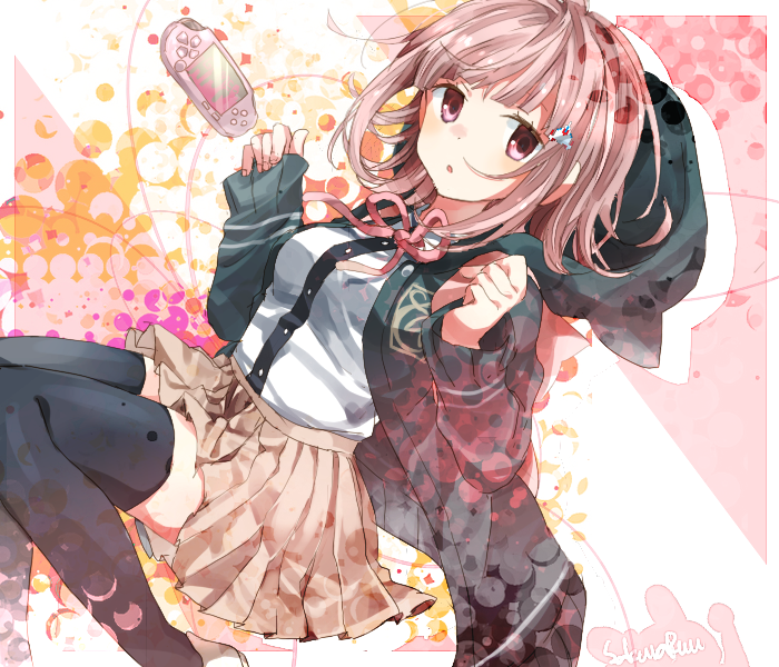 1girl, black_legwear, breasts, dangan_ronpa, hair_ornament, hairclip, hoodie, nanami_chiaki