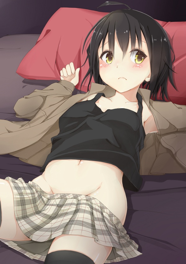 1girl, ahoge, bed, black_hair, blush, brown_eyes, idolmaster, idolmaster_cinderella_girls