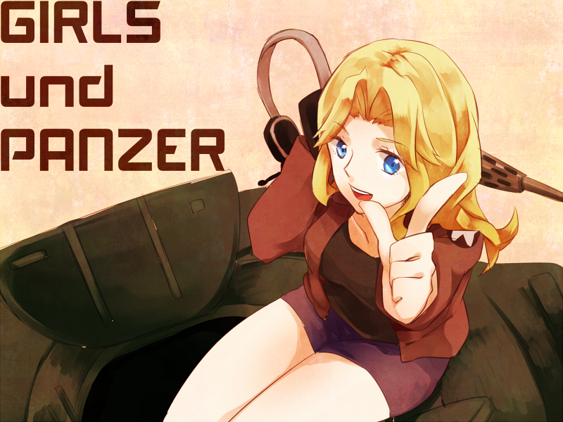 blonde_hair, blue_eyes, girls_und_panzer, hand_on_headphones, headphones, holding_headphones, jacket, kay_(girls_und_panzer), long_hair, m4_sherman, military, military_vehicle, nisi9, sitting, tank, vehicle