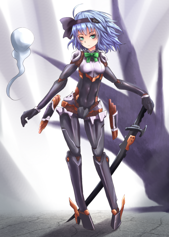 1girl, alternate_costume, belt, bodysuit, bow, green_eyes, hair_ribbon, hand_on_hilt