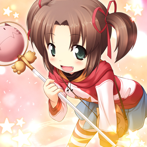 blush, brown_hair, child, fang, green_eyes, inuarashi, lowres, pouch