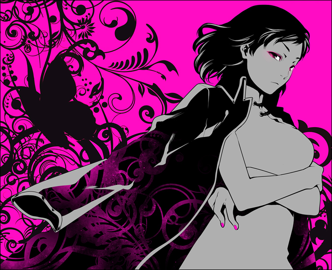 1girl, black_hair, breasts, crossed_arms, devil_survivor_2, eyeshadow, jacket_on_shoulders, kanno_fumi